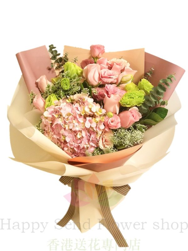 ピンクのバラとピンクのアジサイの韓国風花束