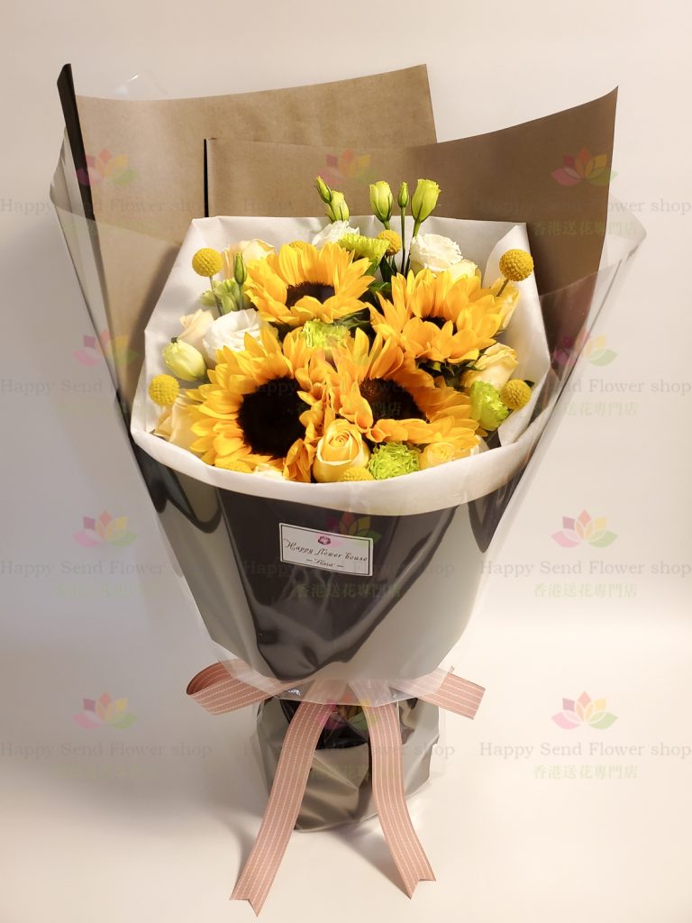 陽光滿溢 香檳玫瑰拼向日葵花束 Hk Happy Send Flower Shop 陽光滿溢 香檳玫瑰拼向日葵花束 Hk Happy Send Flower Shop