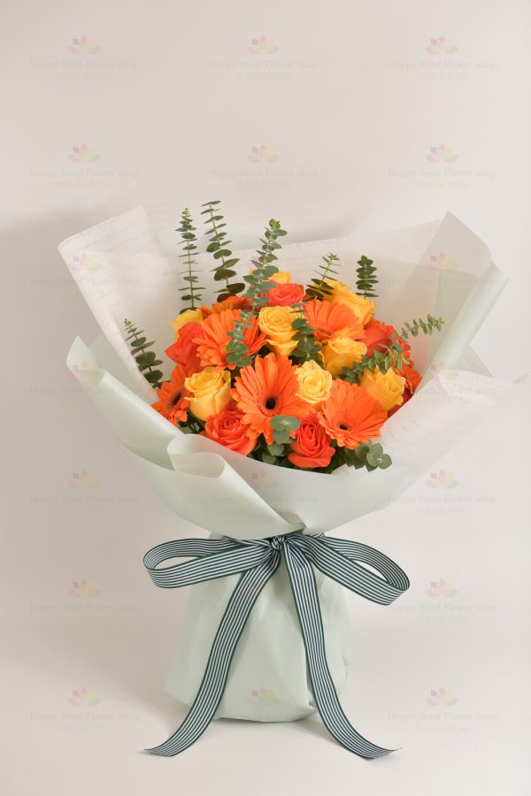 Bright sun (orange rose, yellow rose, orange gerbera, eucalyptus)