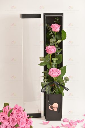3 stems imported rose gift box (3 stems purple roses, eucalyptus)