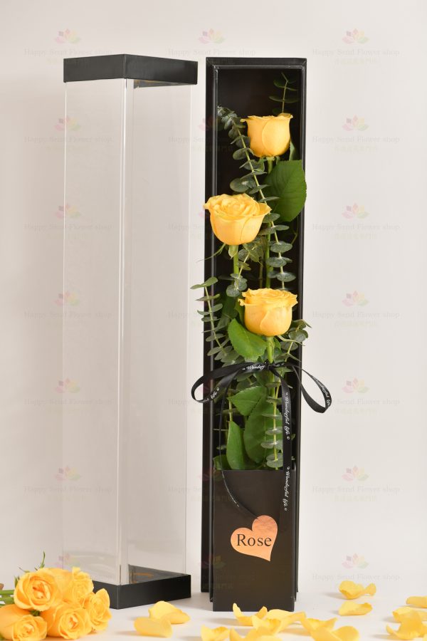 3 stems imported rose gift box (3 stems yellow roses, eucalyptus)