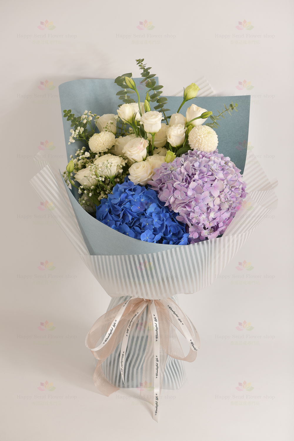 Beautiful (dark blue hydrangea, purple light hydrangea, white bellflower, white ping-pong chrysanthemum, white gypsophila, eucalyptus)