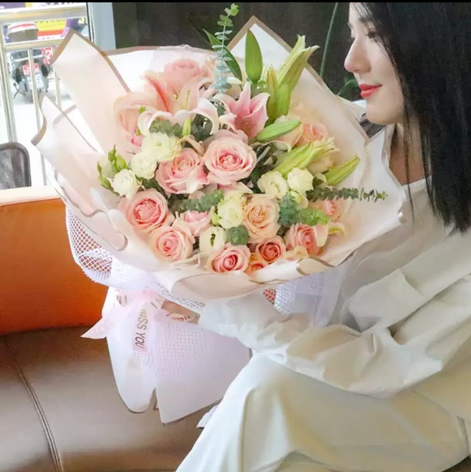 Love you, you really love you (imported pink rose, white orange hard, pink lily, eucalyptus)