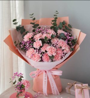 Thank you for giving me life (carnations, pink gypsophila, eucalyptus)